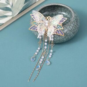 New - Iridescent Gold Pearl and Colorful Butterfly Hair Clip